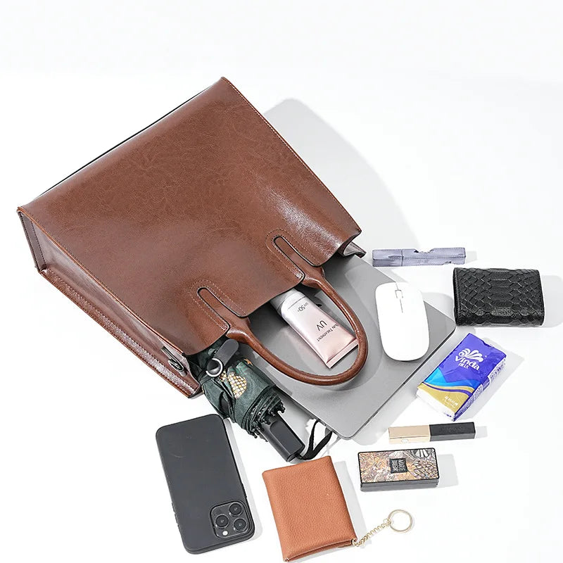 Women's Shoulder Bag Large Capacity Leather Shopper Handbag New Oil Wax Retro Satchels Crossbody For Office Ladies Commute Zency