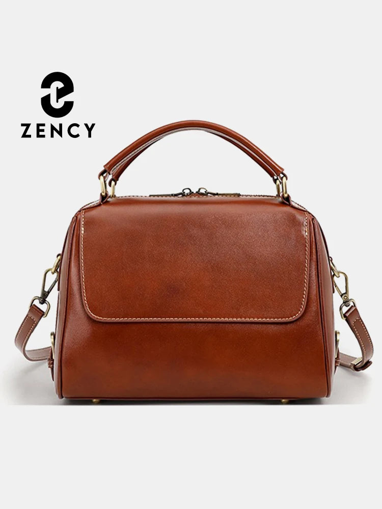 Zency Genuine Leather Women's Handbag Casual Work Tote Bag Designer Crossbody Satchel Wide Strap Large Capacity Shoulder Bag Sac