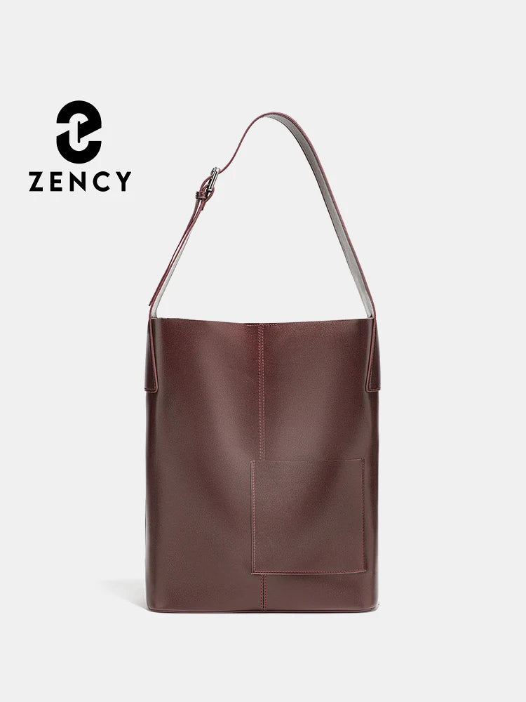 Zency Genuine Leather Women's Tote Handbag Large Shoulder Bag with Front Pocket Designer Shopping Bag for Phone iPad Underarm