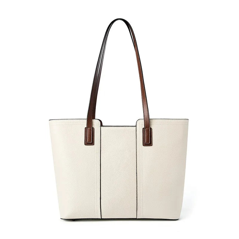 Zency Genuine Leather Women's Work Tote Bag Handbag Classic Elegant Beige Large Capacity Shopper Bag Pocket Black Purse For A4