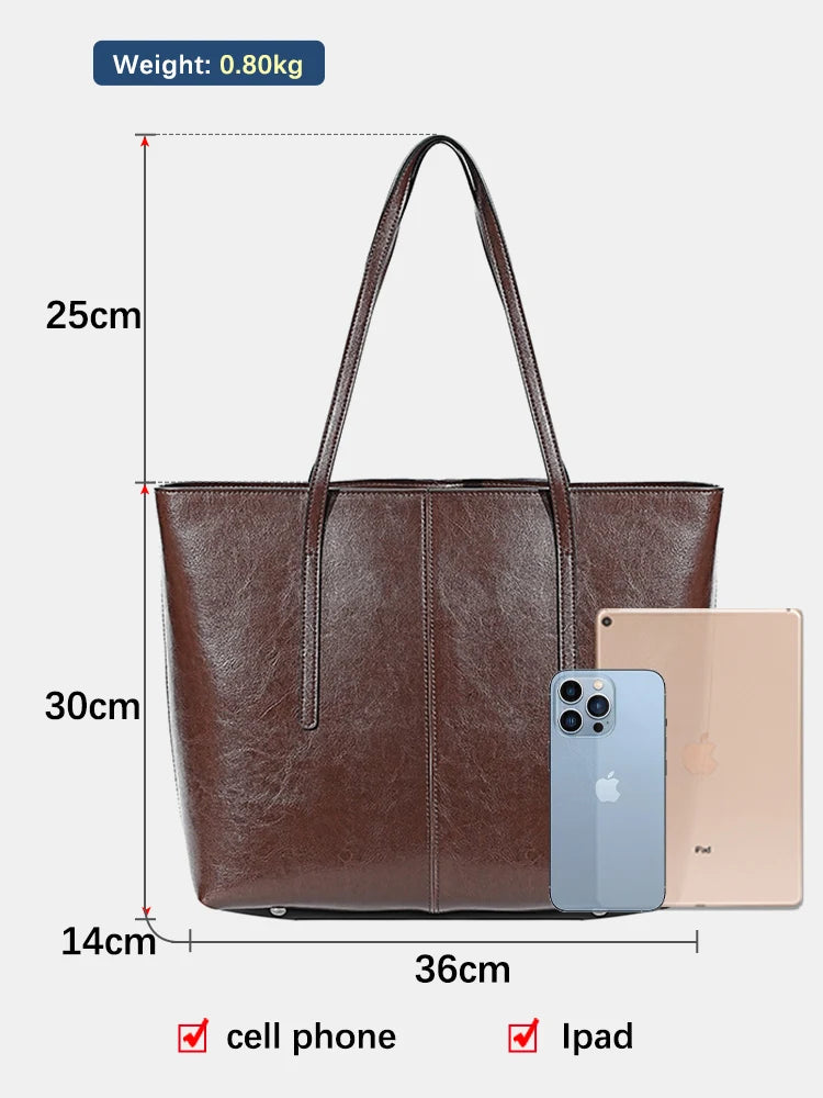 New Coffee Women Handbag 100% Genuine Leather Ladies Shoulder Purse Ladies Black Tote Bag Large Capacity Shopper Bags Brown