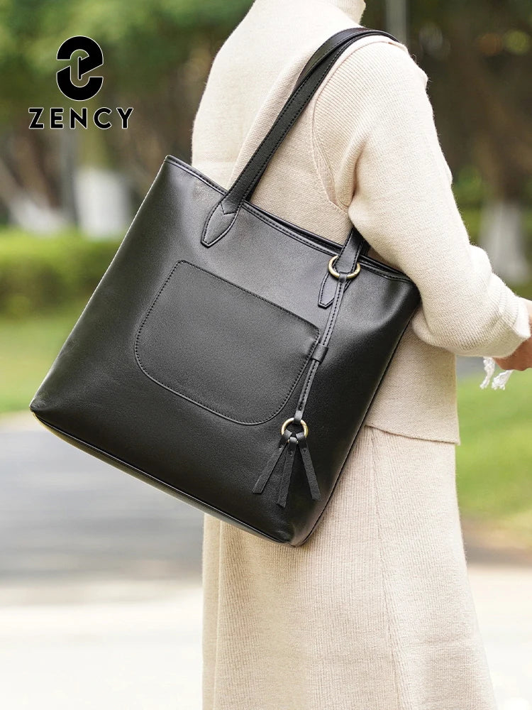 Zency 100% Genuine Leather Handbag Large Capacity Women Shoulder Bag Retro Tote Purse High Quality Shopper Bags Chocolate Grey