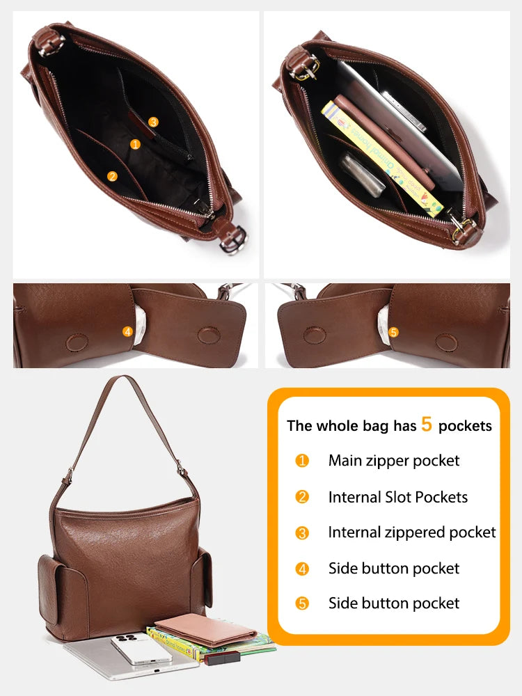 Zency Coffee Cow Leather Handbag Women Shoulder Bag Retro Multi-functional Pockets Crossbody For Commute Shopper