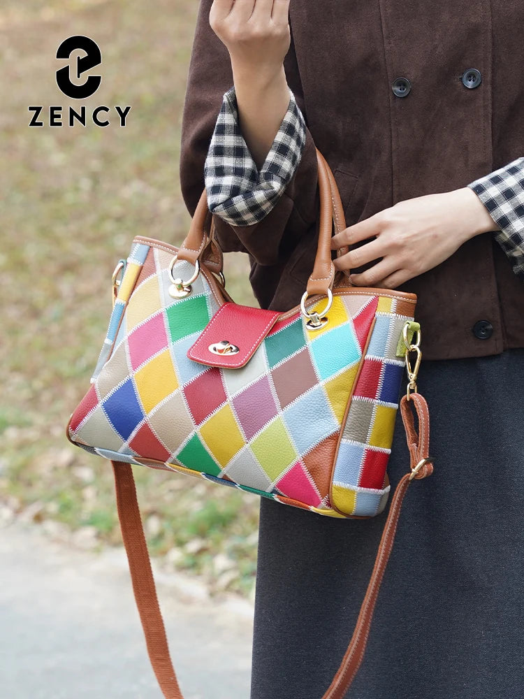 Zency Women's Genuine Leather Luxury Top-Handle Bag Luxury Bag Patchwork Crossbody Shoulder Bag Totes Designer Handbag Zip Close