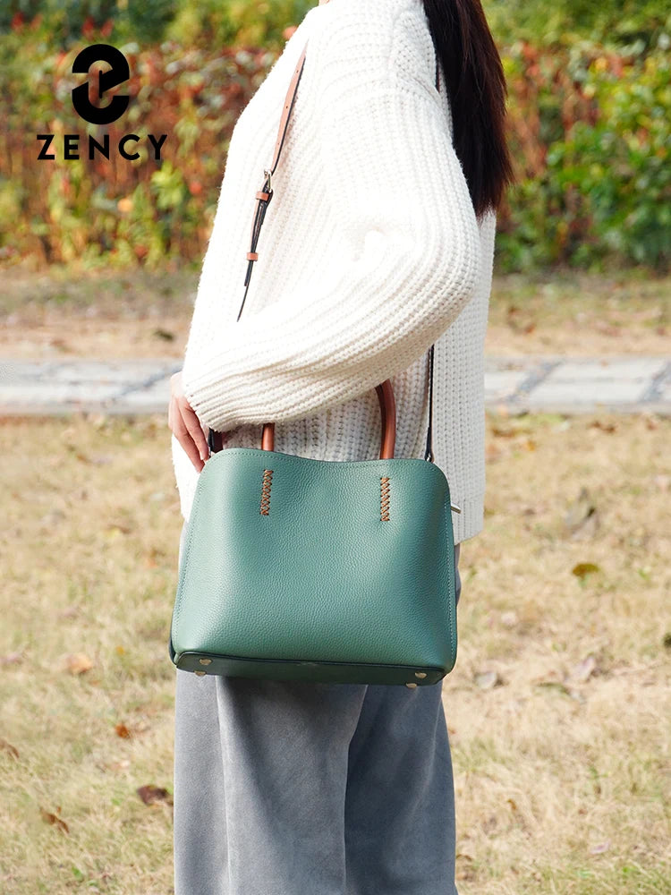Zency Women's Genuine Leather Shopper Bag Designer Shoulder Bags Luxury Handbag Large Bucket Bag Tote Cross Body Bolso De Mujer
