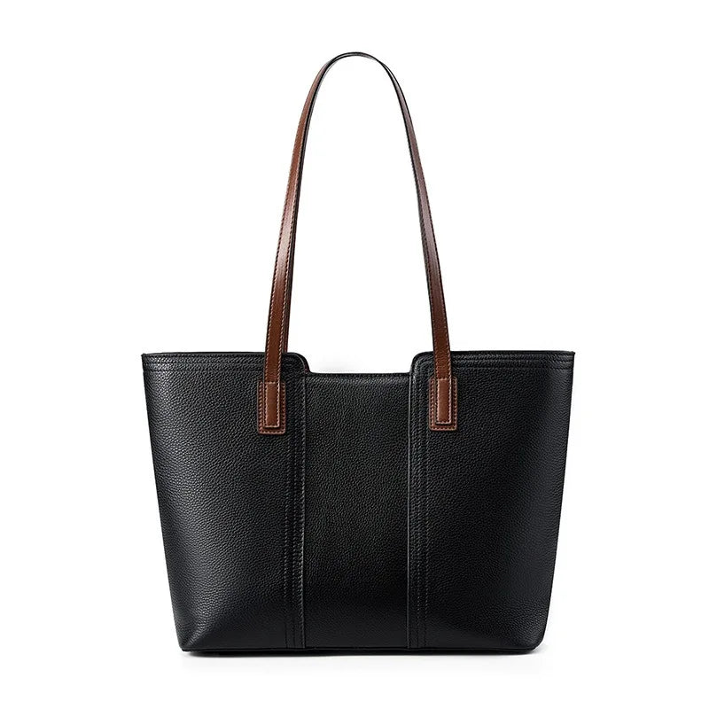 Zency Genuine Leather Women's Work Tote Bag Handbag Classic Elegant Beige Large Capacity Shopper Bag Pocket Black Purse For A4