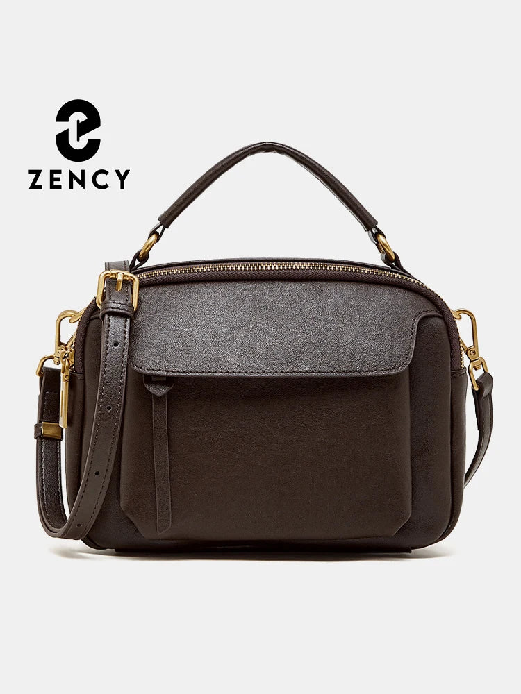Zency Women's Genuine Leather Retro Shoulder Bag Top-Handle Bag Noble Crossbody with Two Compartments for Office Work Shopping