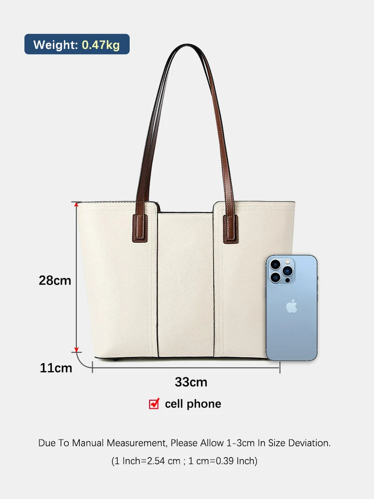 Zency Genuine Leather Women's Work Tote Bag Handbag Classic Elegant Beige Large Capacity Shopper Bag Pocket Black Purse For A4