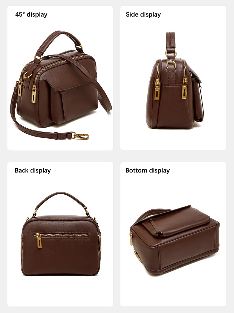 Zency Women's Genuine Leather Retro Shoulder Bag Top-Handle Bag Noble Crossbody with Two Compartments for Office Work Shopping