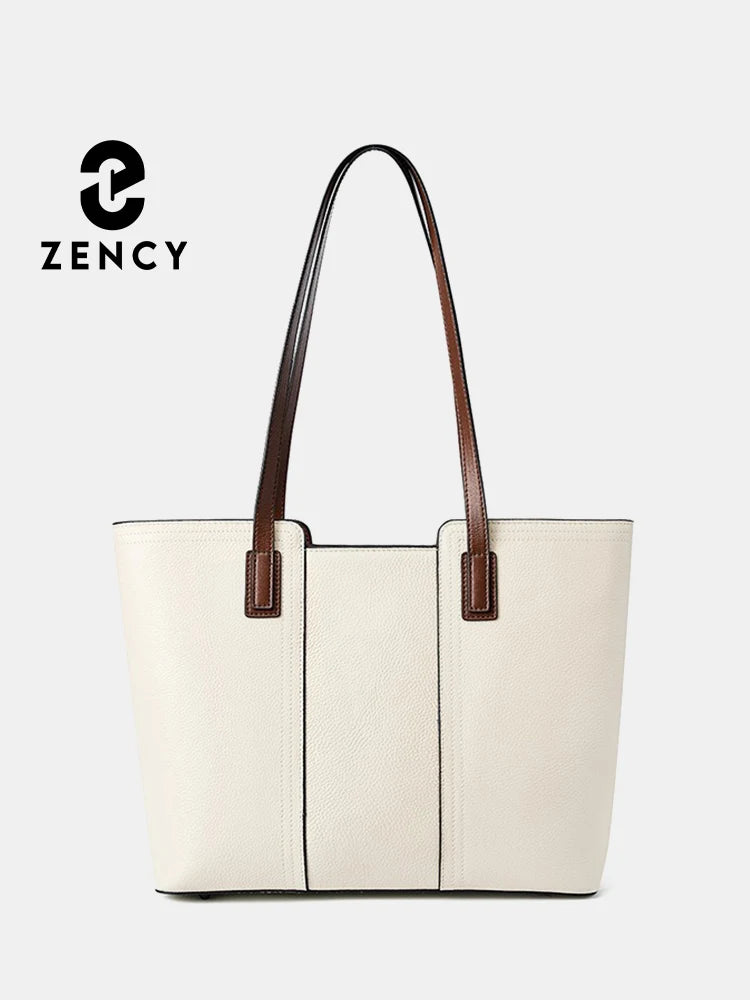 Zency Genuine Leather Women's Work Tote Bag Handbag Classic Elegant Beige Large Capacity Shopper Bag Pocket Black Purse For A4