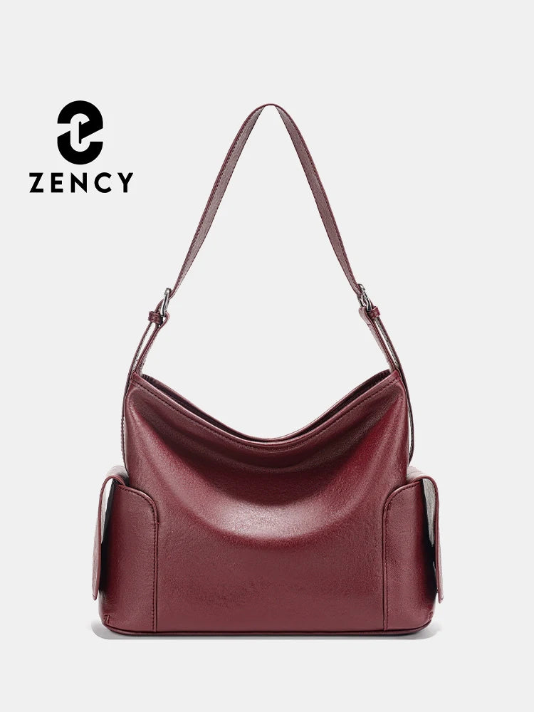 Zency Coffee Cow Leather Handbag Women Shoulder Bag Retro Multi-functional Pockets Crossbody For Commute Shopper