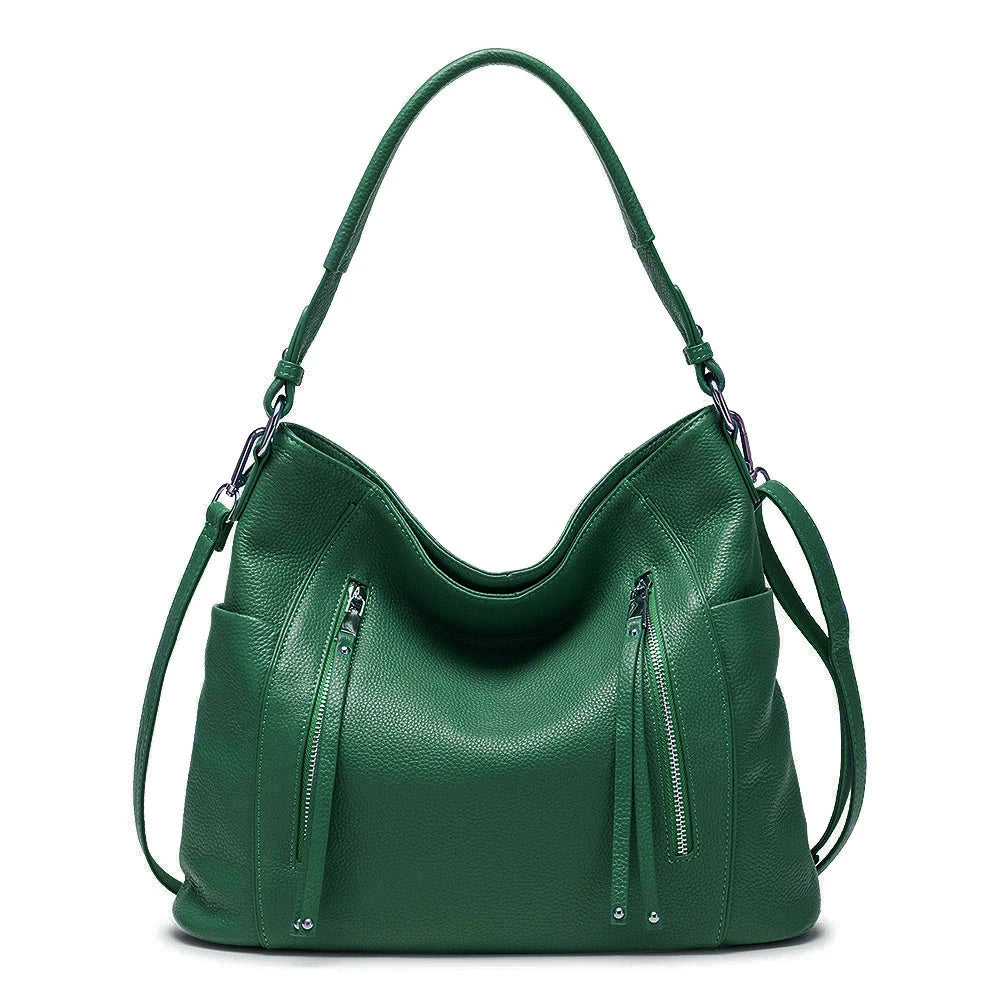 ZENCY New Handbag Luxury Genuine Leather Bag for Women Shoulder Tote Crossbody Double Zipper Pocket Charming Red Hobo Bag