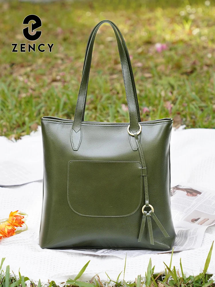 Zency 100% Genuine Leather Handbag Large Capacity Women Shoulder Bag Retro Tote Purse High Quality Shopper Bags Chocolate Grey