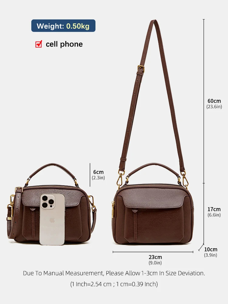 Zency Women's Genuine Leather Retro Shoulder Bag Top-Handle Bag Noble Crossbody with Two Compartments for Office Work Shopping