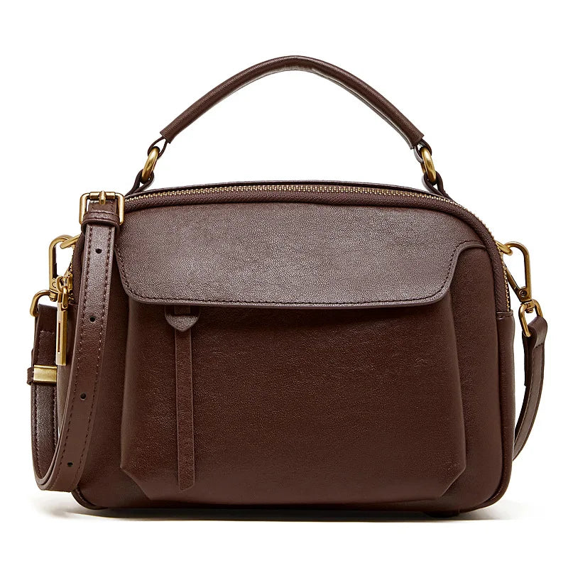Zency Women's Genuine Leather Retro Shoulder Bag Top-Handle Bag Noble Crossbody with Two Compartments for Office Work Shopping