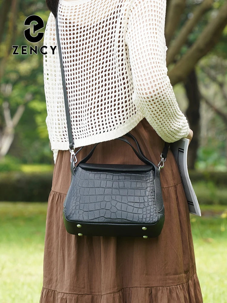 Zency 2025 Woman Bag Genuine Leather Shoulder Designer Bag Cross Body Bag Roomy Flap Box Bag Fashion Grey Stone Pattern Handbag