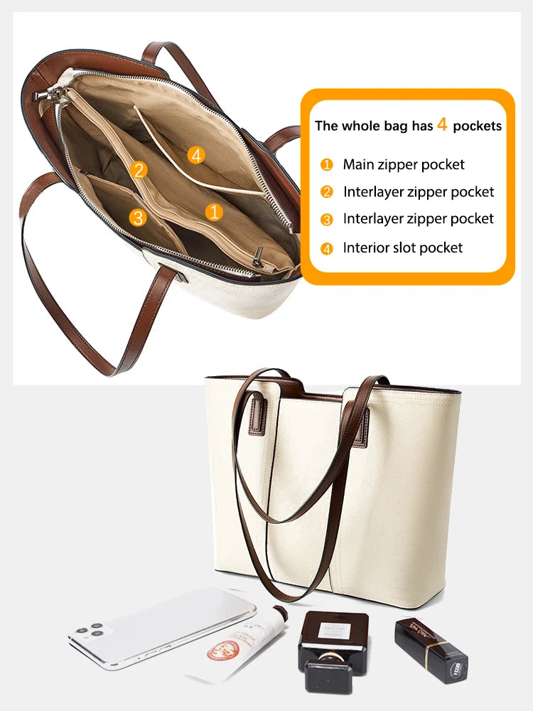 Zency Genuine Leather Women's Work Tote Bag Handbag Classic Elegant Beige Large Capacity Shopper Bag Pocket Black Purse For A4