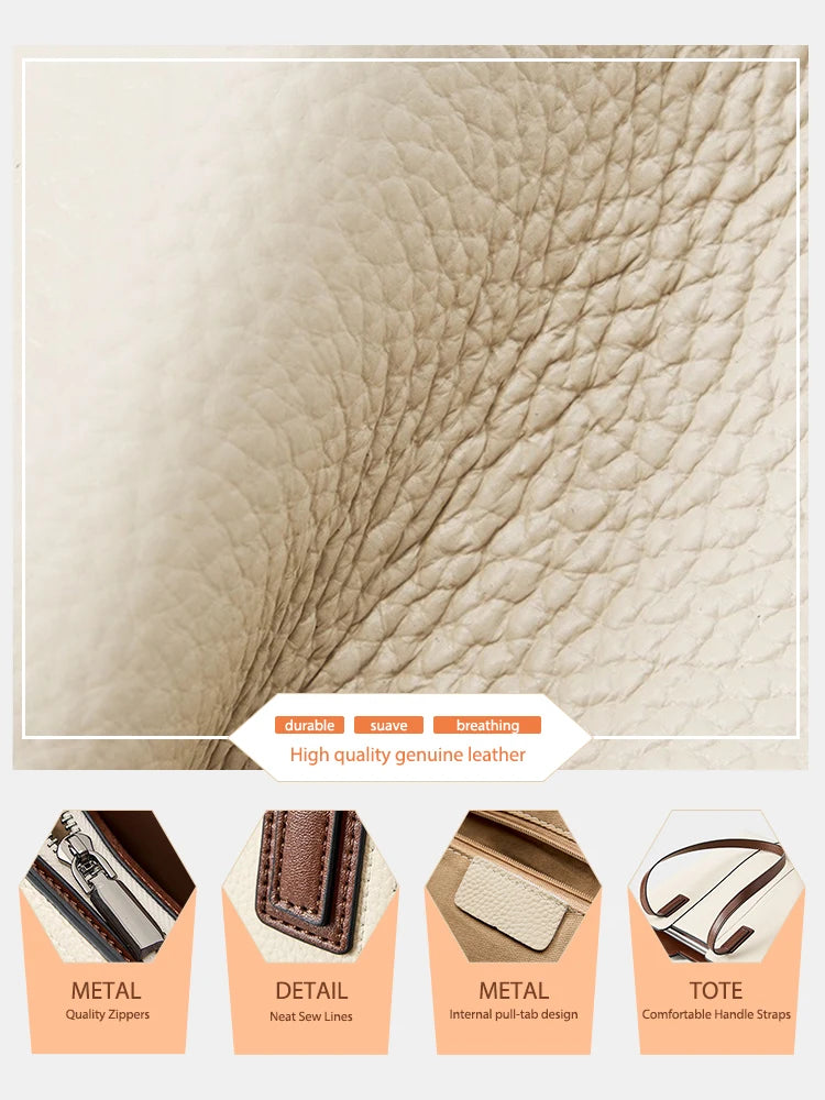 Zency Genuine Leather Women's Work Tote Bag Handbag Classic Elegant Beige Large Capacity Shopper Bag Pocket Black Purse For A4