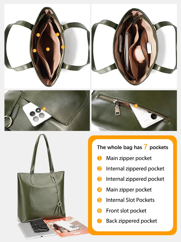 Zency 100% Genuine Leather Handbag Large Capacity Women Shoulder Bag Retro Tote Purse High Quality Shopper Bags Chocolate Grey