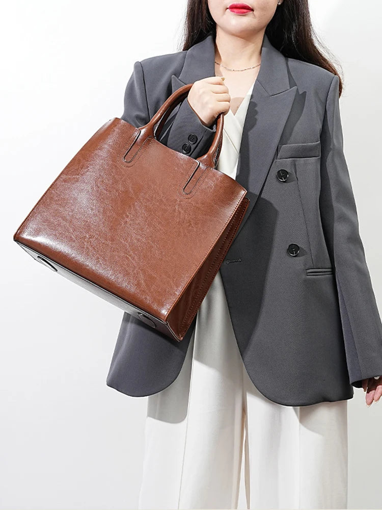 Women's Shoulder Bag Large Capacity Leather Shopper Handbag New Oil Wax Retro Satchels Crossbody For Office Ladies Commute Zency