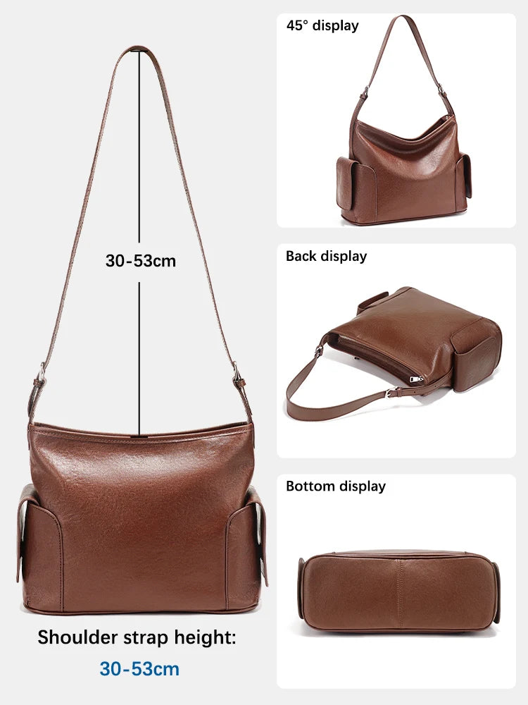 Zency Coffee Cow Leather Handbag Women Shoulder Bag Retro Multi-functional Pockets Crossbody For Commute Shopper