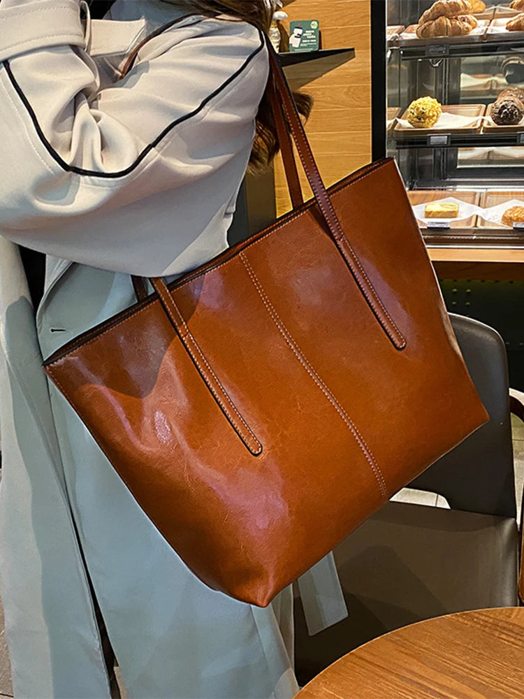 New Coffee Women Handbag 100% Genuine Leather Ladies Shoulder Purse Ladies Black Tote Bag Large Capacity Shopper Bags Brown