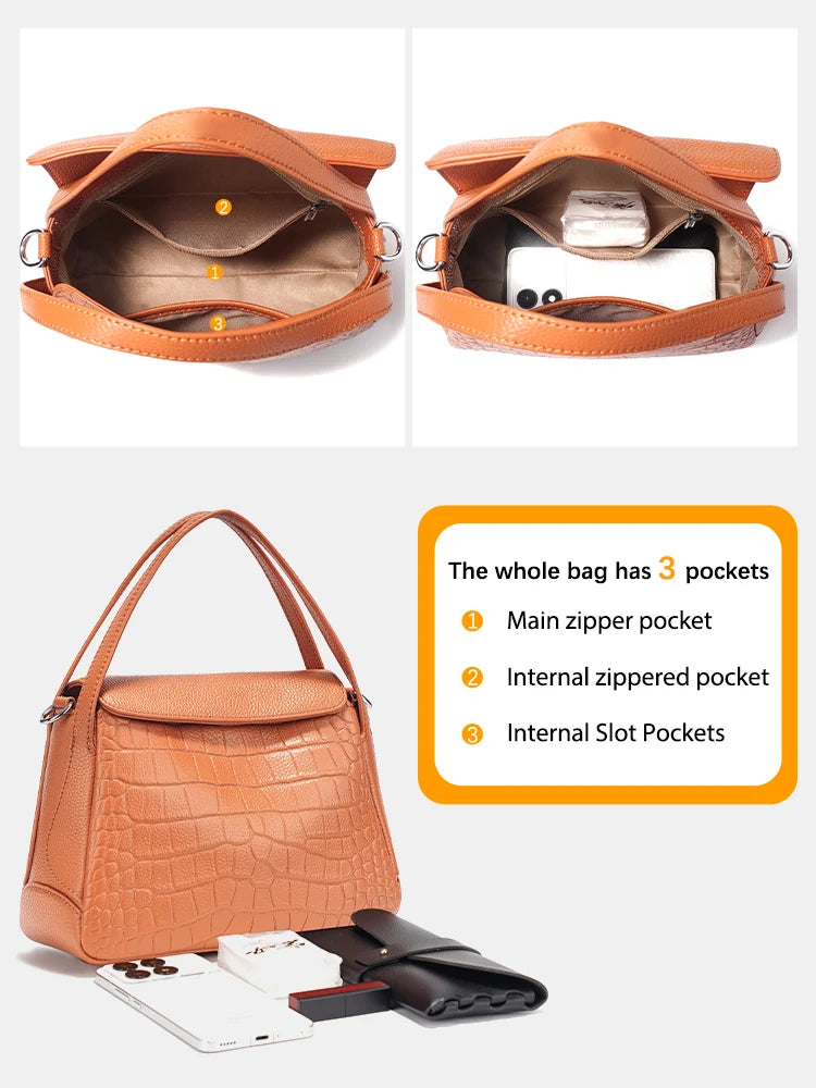 Zency 2025 Woman Bag Genuine Leather Shoulder Designer Bag Cross Body Bag Roomy Flap Box Bag Fashion Grey Stone Pattern Handbag