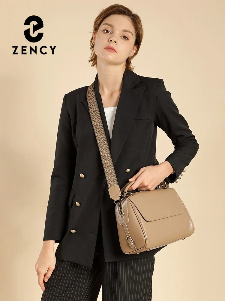 Zency Genuine Leather Women's Handbag Casual Work Tote Bag Designer Crossbody Satchel Wide Strap Large Capacity Shoulder Bag Sac