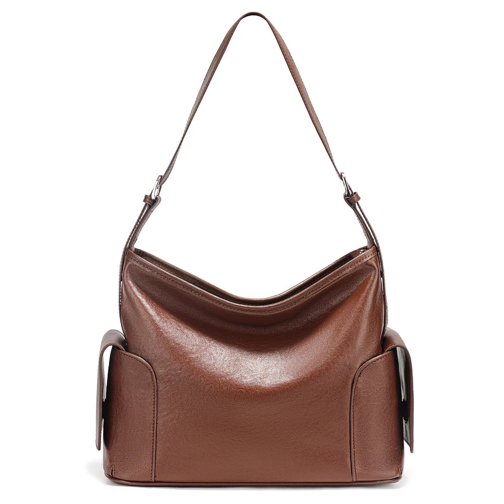Zency Coffee Cow Leather Handbag Women Shoulder Bag Retro Multi-functional Pockets Crossbody For Commute Shopper