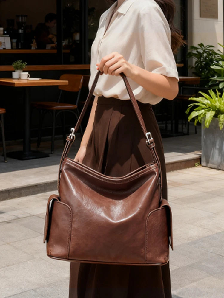 Zency Coffee Cow Leather Handbag Women Shoulder Bag Retro Multi-functional Pockets Crossbody For Commute Shopper