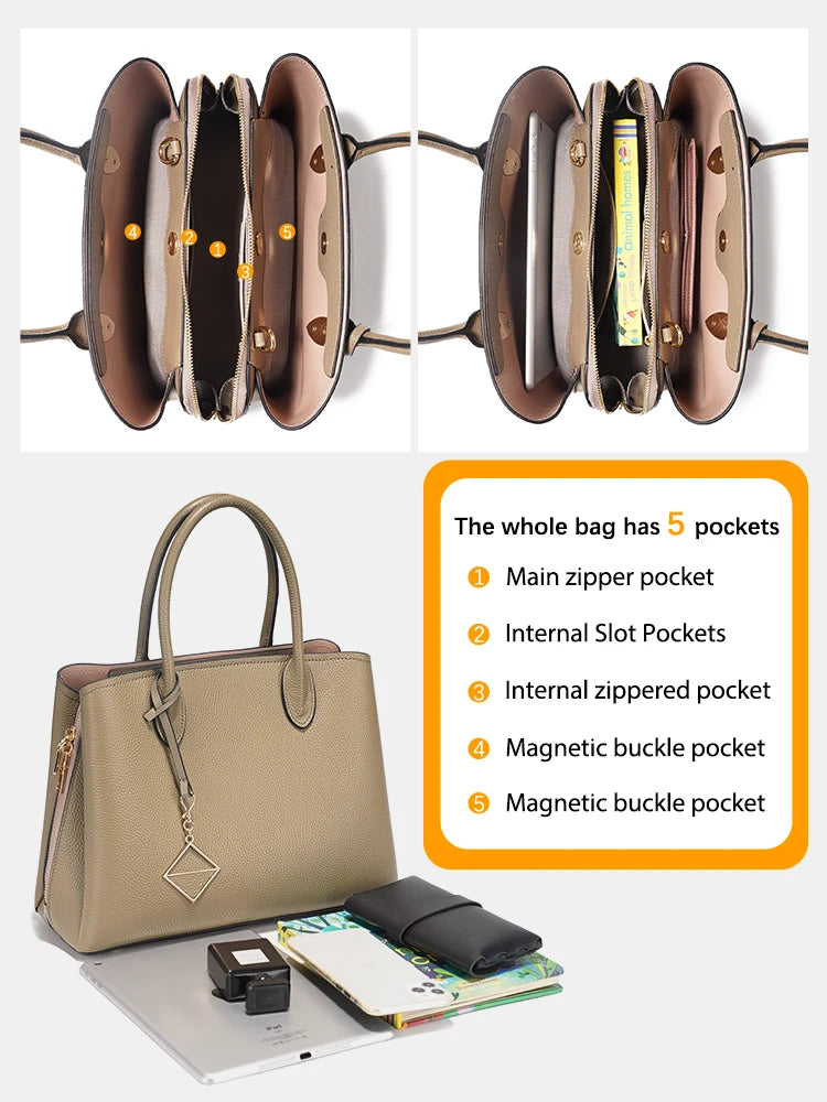 Zency Women's Genuine Leather Satchel Handbag Large Shopper Designer Shoulder Bag Large Cross-body Top Handle Multipockets