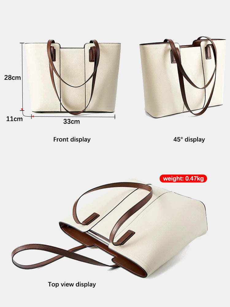 Zency Genuine Leather Women's Work Tote Bag Handbag Classic Elegant Beige Large Capacity Shopper Bag Pocket Black Purse For A4