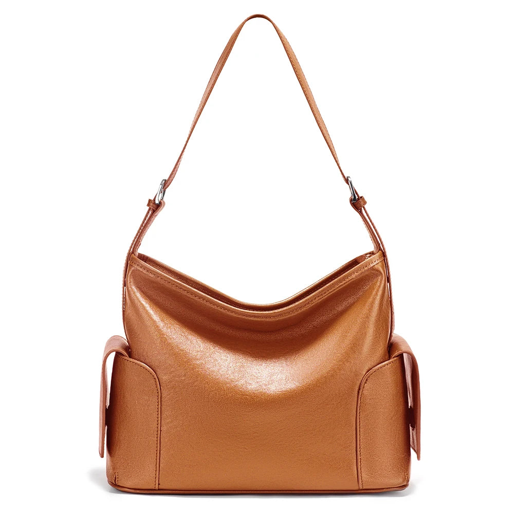 Zency Coffee Cow Leather Handbag Women Shoulder Bag Retro Multi-functional Pockets Crossbody For Commute Shopper