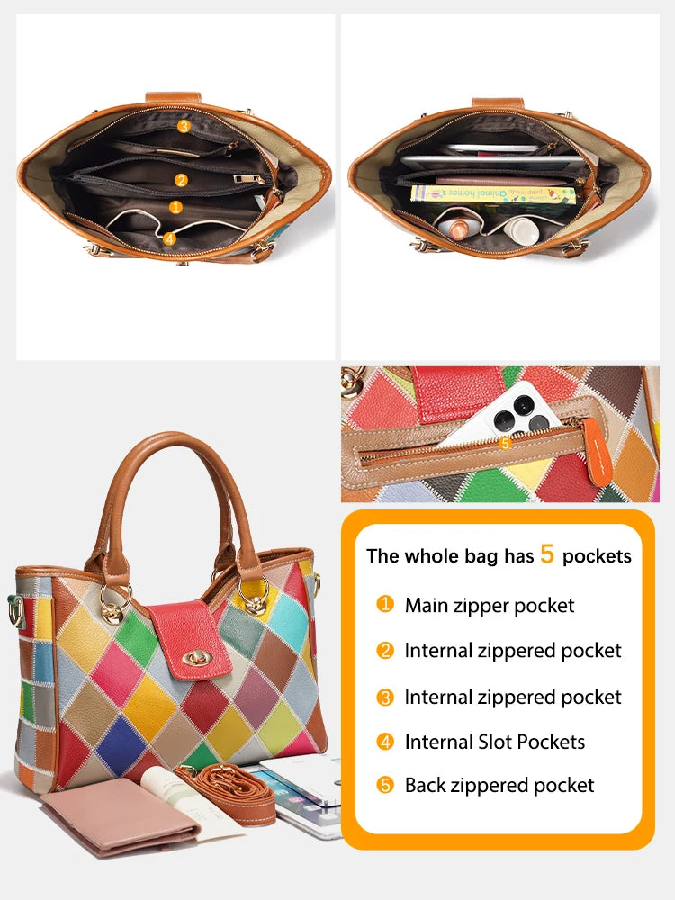 Zency Women's Genuine Leather Luxury Top-Handle Bag Luxury Bag Patchwork Crossbody Shoulder Bag Totes Designer Handbag Zip Close