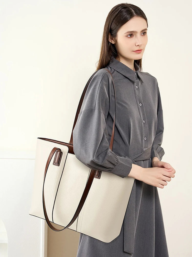 Zency Genuine Leather Women's Work Tote Bag Handbag Classic Elegant Beige Large Capacity Shopper Bag Pocket Black Purse For A4