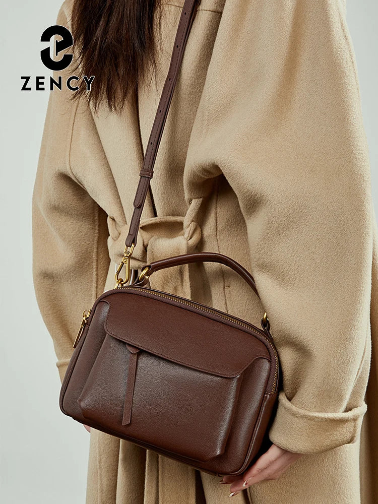 Zency Women's Genuine Leather Retro Shoulder Bag Top-Handle Bag Noble Crossbody with Two Compartments for Office Work Shopping