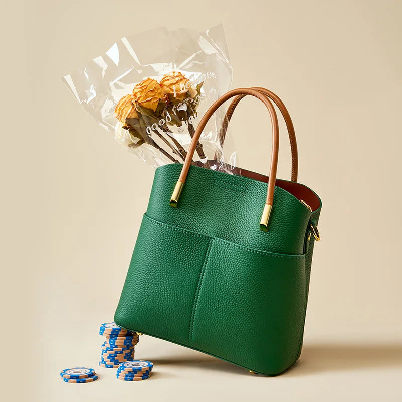 Zency Genuine Leather Top Quality Bucket Bag for Women Versatile Handbag Leather Tote Bag High Sense Crossbody Shopper Bags