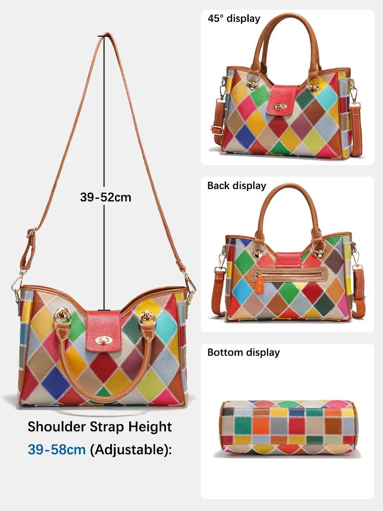 Zency Women's Genuine Leather Luxury Top-Handle Bag Luxury Bag Patchwork Crossbody Shoulder Bag Totes Designer Handbag Zip Close