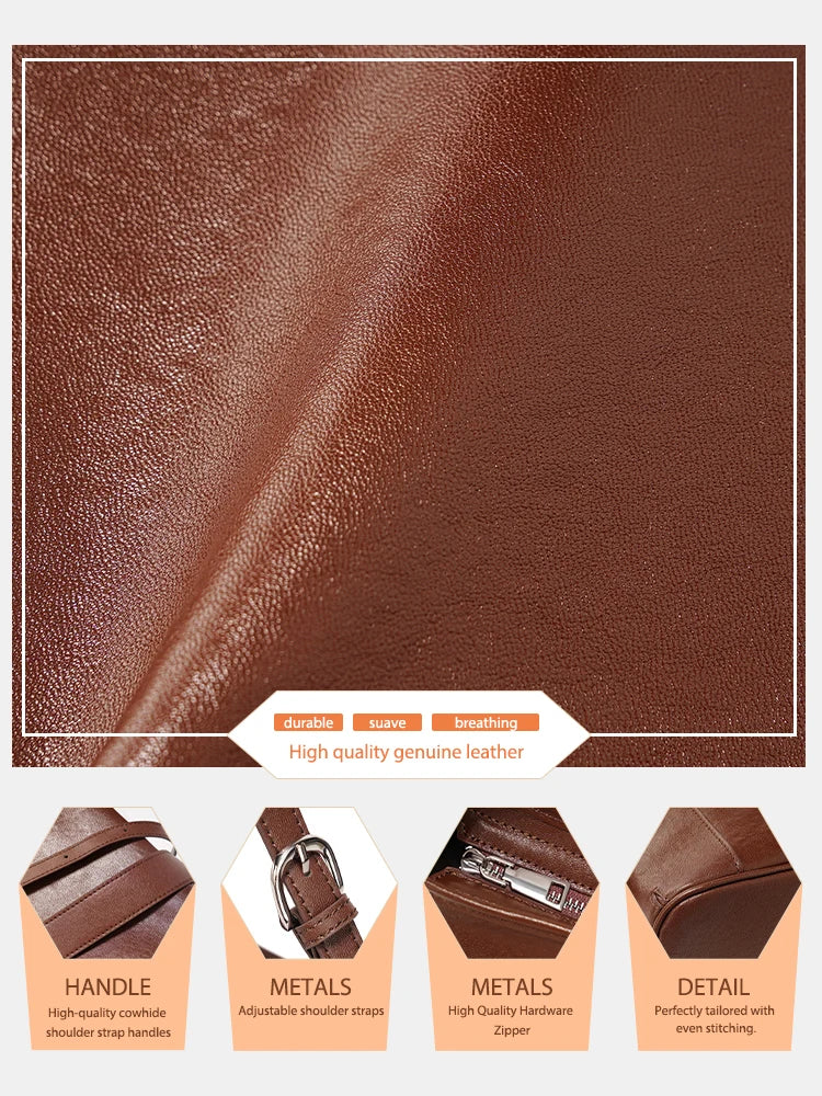 Zency Coffee Cow Leather Handbag Women Shoulder Bag Retro Multi-functional Pockets Crossbody For Commute Shopper