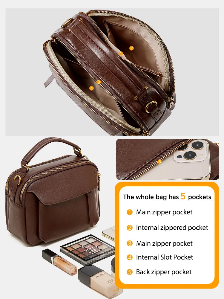 Zency Women's Genuine Leather Retro Shoulder Bag Top-Handle Bag Noble Crossbody with Two Compartments for Office Work Shopping