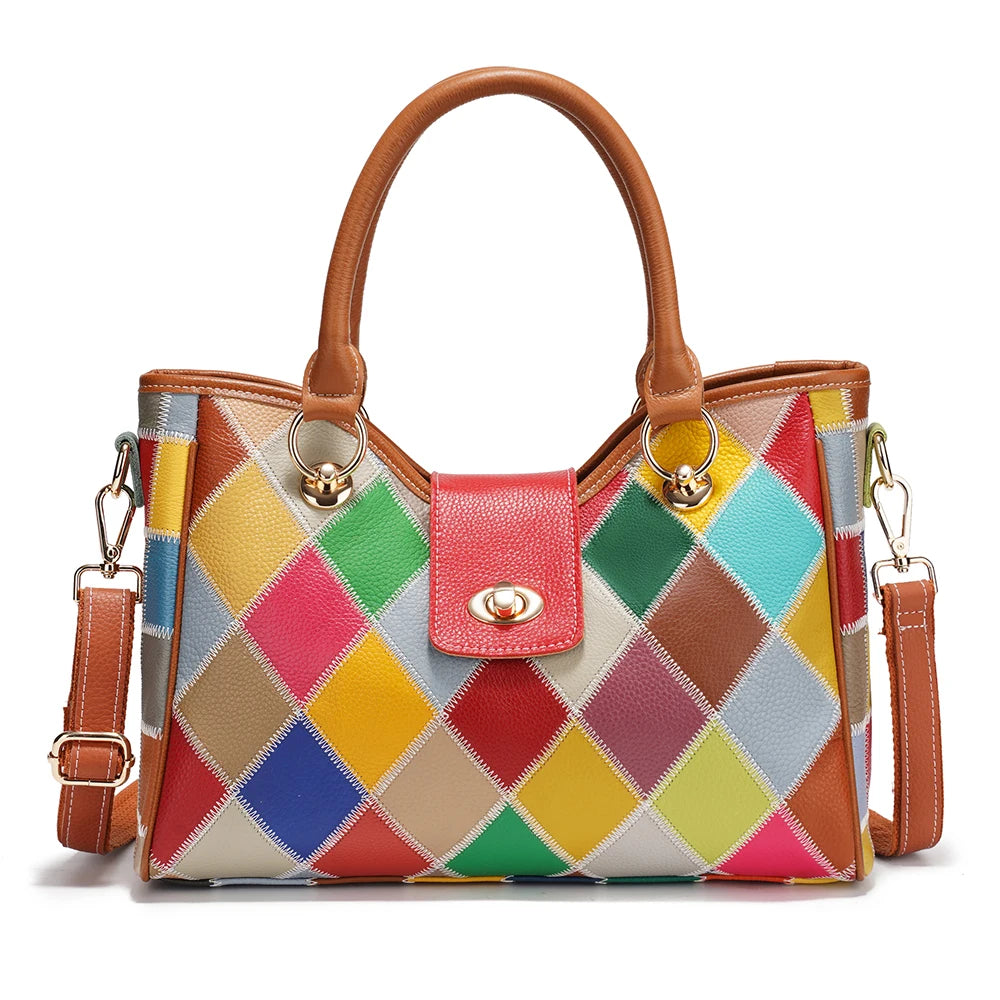 Zency Women's Genuine Leather Luxury Top-Handle Bag Luxury Bag Patchwork Crossbody Shoulder Bag Totes Designer Handbag Zip Close