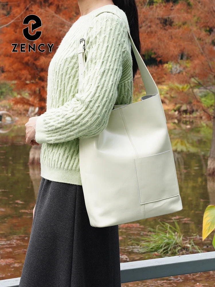 Zency Genuine Leather Women's Tote Handbag Large Shoulder Bag with Front Pocket Designer Shopping Bag for Phone iPad Underarm